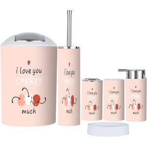 Juego de accesorios de baño con estampado de verano de cereza bonita de 6 piezas Material de acero con eslogan divertido decoración del hogar en Stock - Product Image 1