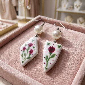 Boucles d'oreilles pendantes en céramique faites à la main pour femmes, jolies breloques en porcelaine blanche avec perles d'imitation et crochets à clous - Product Image 4