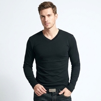 T-shirt à manches longues pour homme, col en V, motif uni, tissu côtelé, t-shirt thermique décontracté