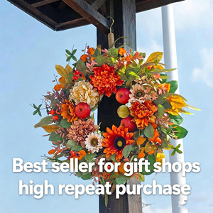 Couronne <span class=keywords><strong>de</strong></span> fleurs artificielles d'automne 2026 pour Halloween, avec tournesols, dahlias et pommes, pour décoration <span class=keywords><strong>de</strong></span> porte - Product Image 4