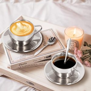 Juego de Tazas de Espresso de Acero Inoxidable de Doble Pared con Platillo y Cuchara para Café, Té y Bebidas Calientes Aisladas en Casa u Oficina - Product Image 4