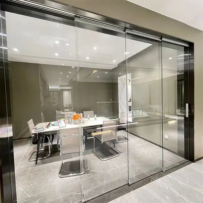 Офисная бескаркасная стеклянная дверь, дизайн интерьера кухни, мягкое закрытие, синхронизированное закаленное стекло, раздвижная цена со стеклянной фурнитурой