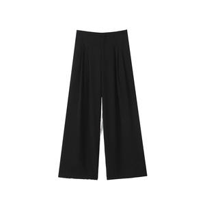 Pantalones Anchos Runqi para Mujer, Talla Grande, Cintura Alta, Crepé, Negros, Largos, Casuales, para Trabajo - Product Image 1