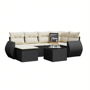 ชุดโซฟาหวายสีขาวครีมและดำ พร้อมเบาะรองนั่ง 6 ที่นั่ง เฟอร์นิเจอร์กลางแจ้ง ดีไซน์ร่วมสมัย - Product Image 1