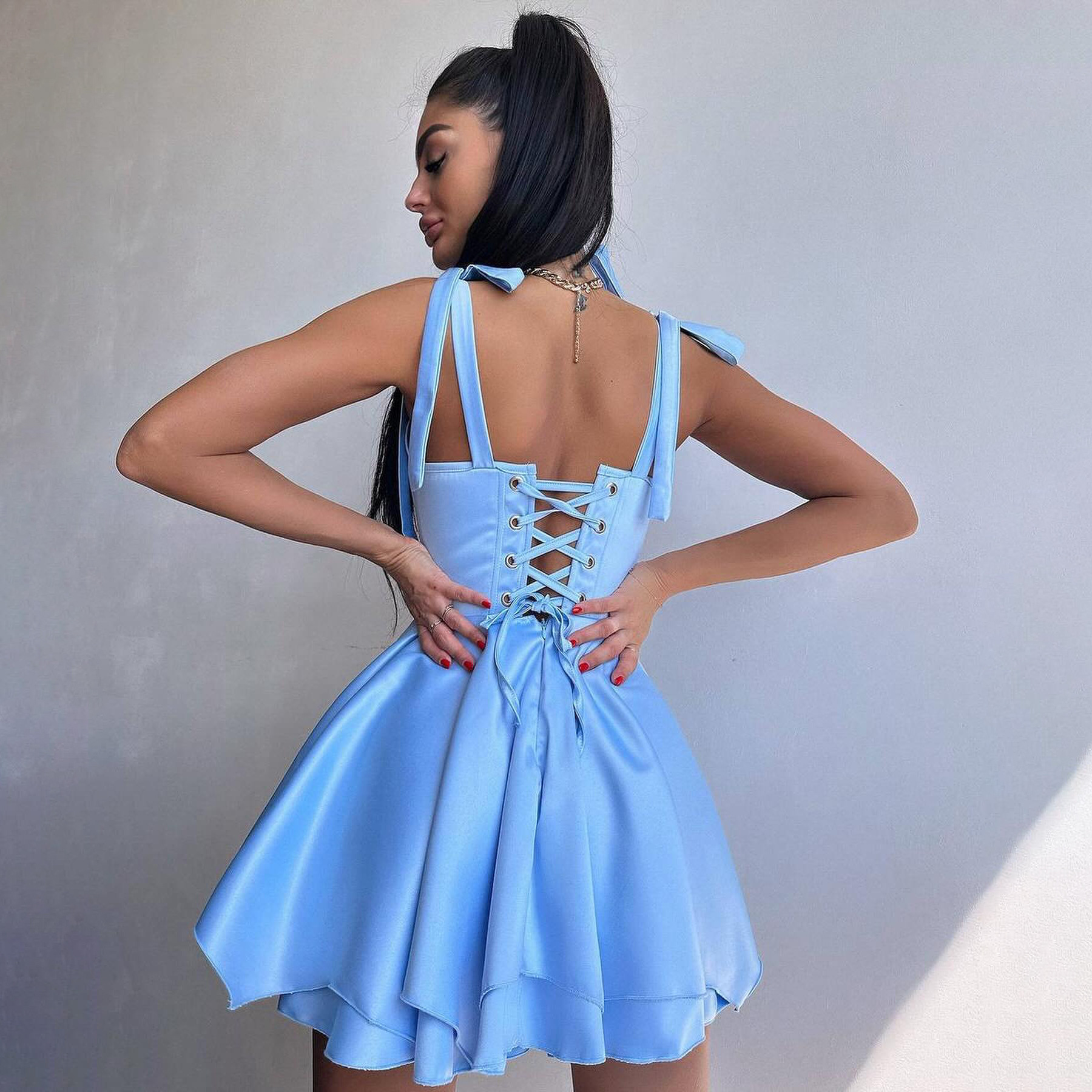 Korean Japanese Lovely Satin Mini Corset Dress Lace up Bowknot Pleated Bubble Dress Sweet Bandage Slim Fit Birthday Dresses