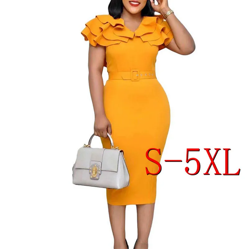 Plus Size Middle Waist Elegant Office Style Ol Turkey Women Office Dresses African Knee Length Slim Pencil Party Dress