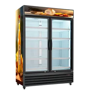 2 Glass door drink beverage fridge display freezer, supermarket double door commercial fridge