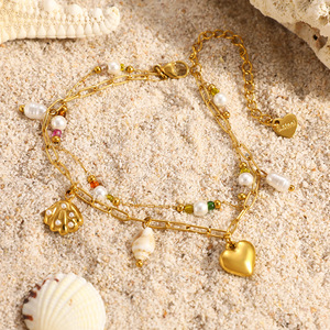 Ocean Theme Stainless Steel <b>Bracelet</b> With Natural Seashells Heart Beads Double Layered Gold Plated Jewelry For Summer Beach Wear - Product Image 2