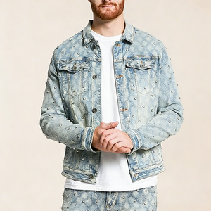 Maßgefertigte Acid-Wash-Jacke mit Strasssteinen, OEM Frühlings-Stickerei-Logo, Tasche, Hochwertige Vintage-Streetwear Herren-Jeansjacke - Product Image 1