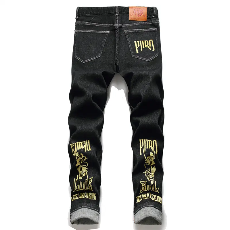 Purple wind denim cross-border trade style jeans men's ripped fabric applique embroidery stretch print men's denim pants