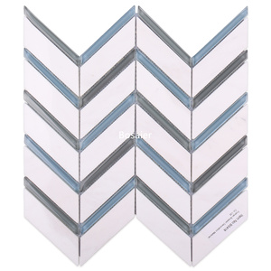 Mosaïque de carreaux en marbre <span class=keywords><strong>bleu</strong></span> gris, blanc, <span class=keywords><strong>chevron</strong></span>, en forme d'épi de poisson pour la décoration murale intérieure - Product Image 2