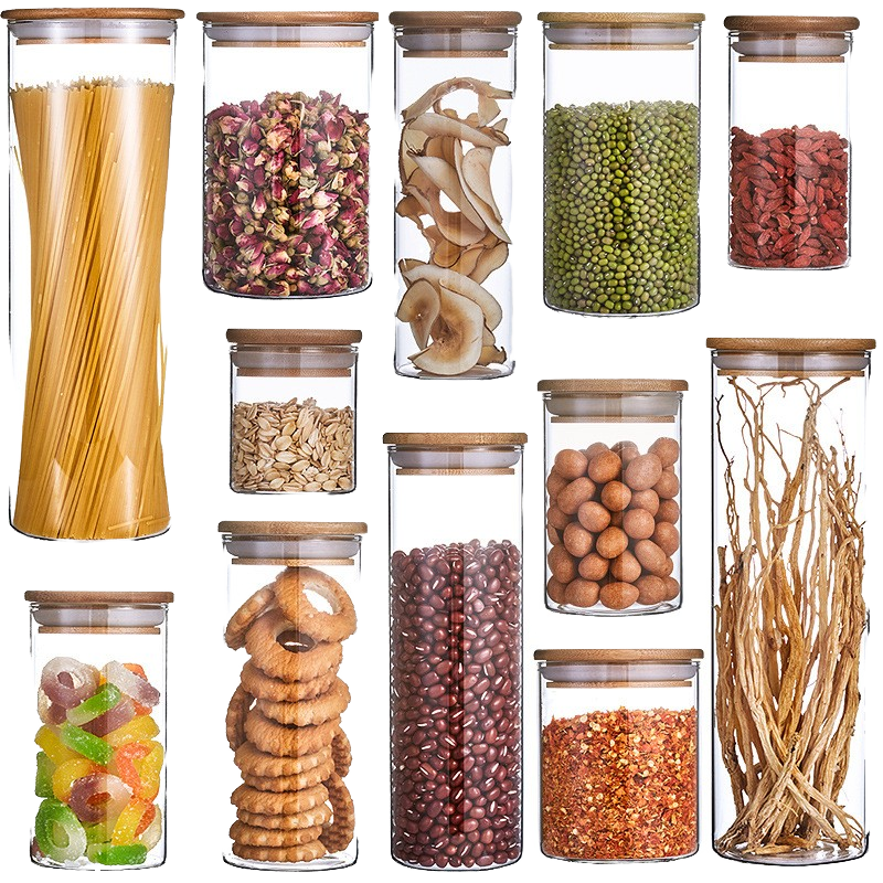 Transparent High Borosilicate Glass Eco-Friendly Storage Jar Bottle Bamboo Lid Silicone Ring for Kitchen Restaurant Desktop Use