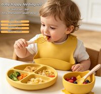 Ensemble de vaisselle pour bébé en silicone 5 pièces avec design personnalisé, assiette, bavoir, bol, cuillère, fourchette, tasse, ensemble d'alimentation pour bébé en silicone