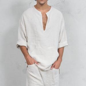 Pantaloni di Lino uomini Largo Allentato <span class=keywords><strong>Camicia</strong></span> A Maniche Lunghe Tasca Della <span class=keywords><strong>Camicia</strong></span> Etnico Indiano - Product Image 4