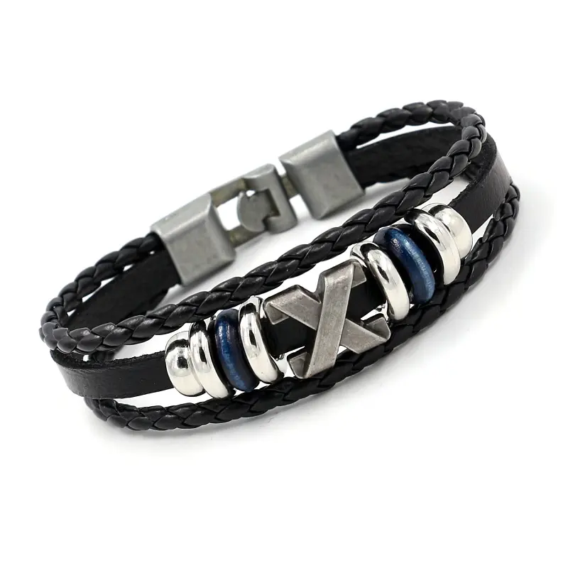 Vintage Multi-layer Beaded Letter X Rivets Bracelet Men Cheap Boys Leather Bracelet Jewelry