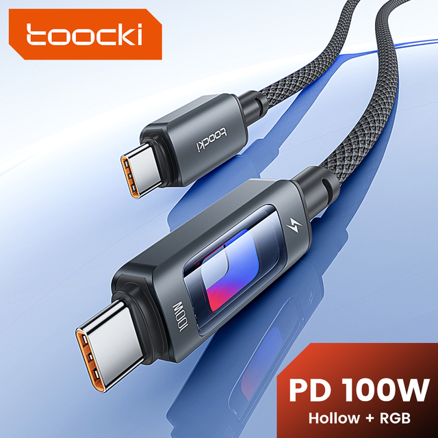 Toocki Ultra-Fast 100W Hollow USB-C Cable with RGB Lighting 480Mbps Data Sync Smart E-Marker Chip for Phones Laptops