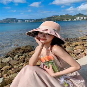 Fisherman Sun Hat With Bow Patchwork Breathable Cotton <b>Bucket</b> Hat For Women Outdoor Beach Sun Protection Hat Solid Color - Product Image 4