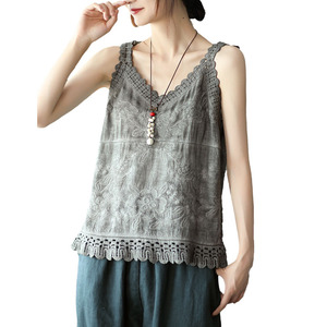 Top Básico de Verano Casual Vintage de Color Sólido sin Mangas con Cuello en V, Nueva Moda Elegante, Holgado y Cómodo, Top de Encaje para Mujer - Product Image 3