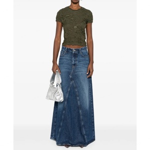 Jupes longues en jean délavé bleu décontractées sur mesure, taille haute, coupe trapèze, pour femmes - Product Image 3