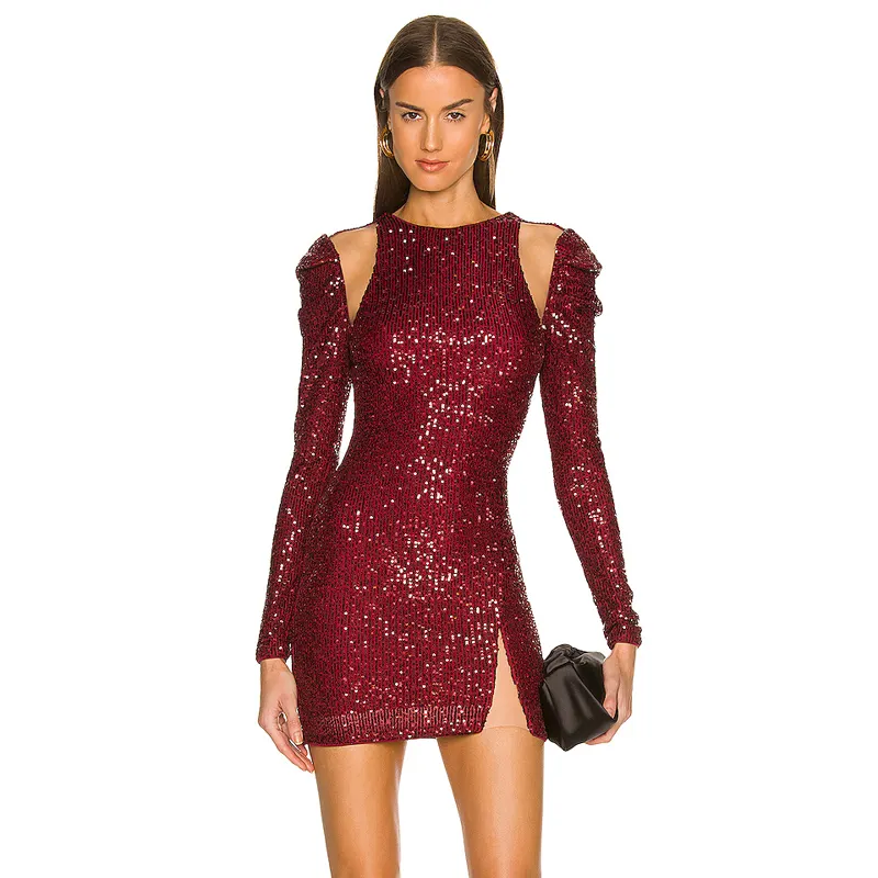 Red Sequin Long Sleeve Mini Bodycon Dress Elegant Cocktail Dress Lady