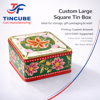 Boîte en métal carrée personnalisée pour biscuits, thé, bonbons, emballage, rangement domestique, conteneur en étain imprimé floral, usine OEM ODM
