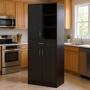 Armadio dispensa da cucina alto autoportante da 71 pollici, finitura nera anticata, con ripiano regolabile e cassetto, design moderno - Product Image 2