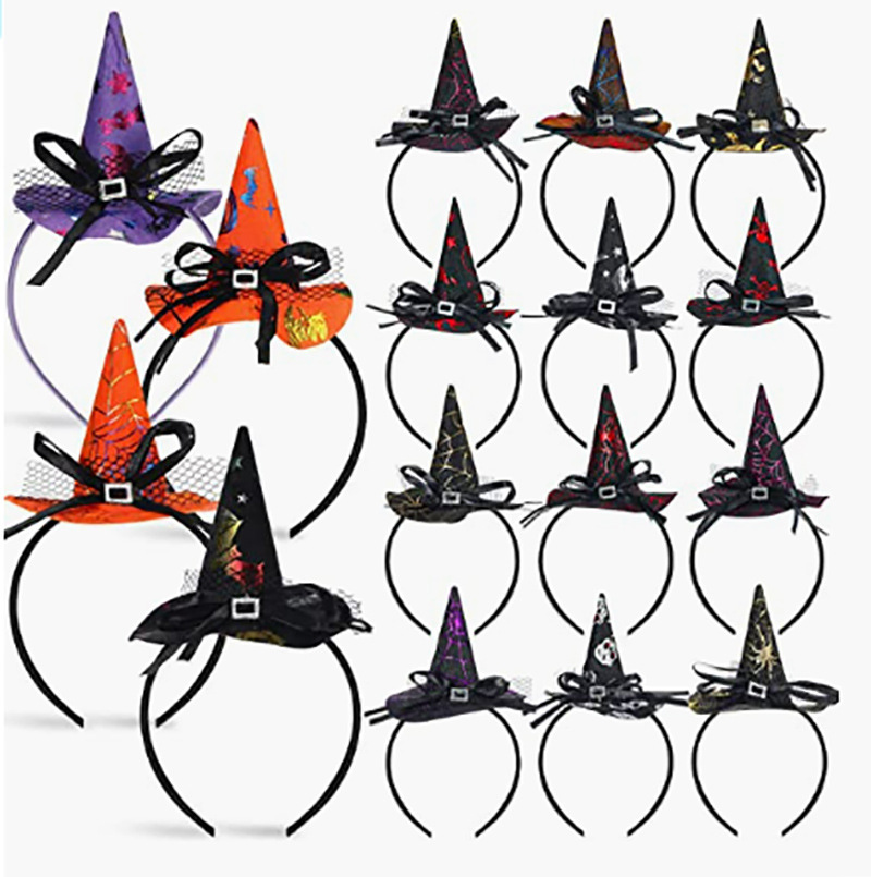 Halloween Headband Witch Pointed Hat Headband Decoration Ghost Dance Show Head Buckle Witch Hat Bow Lace Hair Accessories