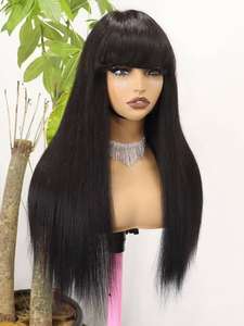 Parrucca brasiliana capelli umani-4x4 pizzo anteriore dritto con frangia colore naturale capelli vergini Remy - Product Image 5