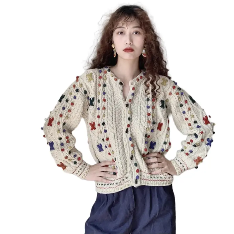 Suéter solto de jacquard, cardigã de inverno com logotipo personalizado, grosso, para mulheres, com bola de flores, bordado, vintage