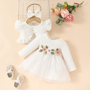 2024 automne enfant en bas âge tenues en gros sans manches Peplum manteau court + manches longues maille appliques robe bébé fille vêtements - Product Image 4