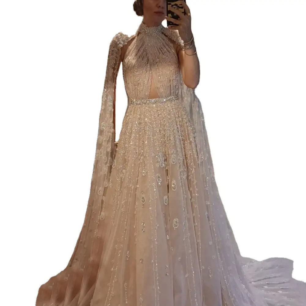 Nude High Collar Backless A Line Cape Sleeves Beaded Evening Dresses Serene Hill LA71803 Ball Gown Party Gowns For Women