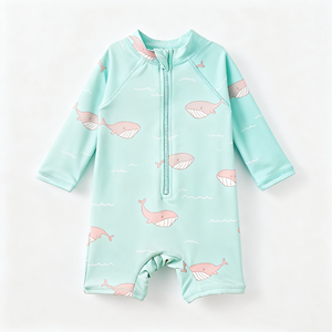 Traje de Baño de una Pieza para Niños Pequeños, de Tela Elástica, Transpirable y de Secado Rápido, Manga Larga, Cierre Frontal, Estampado de Ballena Verde Claro - Product Image 1