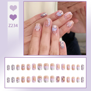 <span class=keywords><strong>Uñas</strong></span> Postizas Color Morado Nude con <span class=keywords><strong>Diseño</strong></span> <span class=keywords><strong>de</strong></span> Lazo y Corazón con Pedrería, <span class=keywords><strong>Uñas</strong></span> Cuadradas <span class=keywords><strong>para</strong></span> Mujer, Uso Diario, Fiestas, Bodas, 24 Piezas - Product Image 2