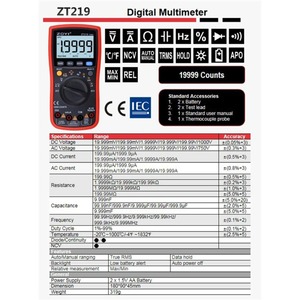 Multimètre numérique ZOYI ZT219, 19999 lectures, True RMS, testeur de transistors, condensateurs, NCV, pour applications électriques automobiles, appareil professionnel - Product Image 4