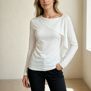<b>Women's</b> Asymmetric Knitted <b>Long</b> <b>Sleeve</b> <b>White</b> <b>Blouse</b> Minimalist O-Neck Regular Fit Solid Color Top for Everyday Wear - Product Image 1