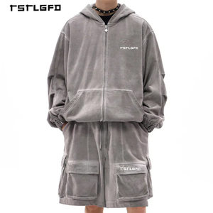 Ensemble de survêtement deux pièces pour homme, personnalisé OEM, style vintage, avec sweat à capuche zippé teint et short cargo en coton épais délavé minéral - Product Image 3