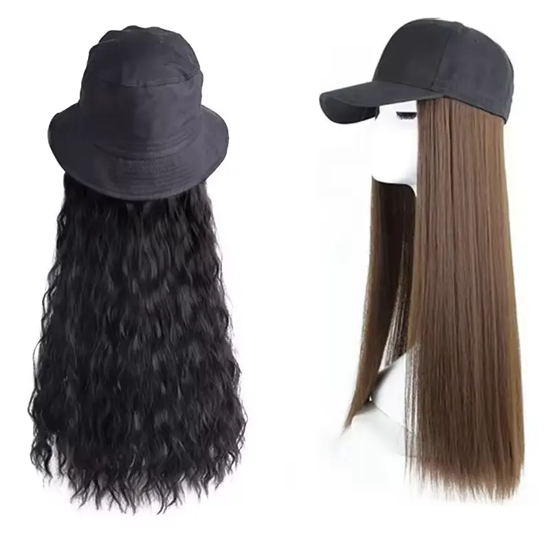 Gran oferta, gorra de béisbol, peluca de pelo, pelucas de sombrero, extensiones de cabello, gorra de peinado de pelo liso, peluca, sombrero de pelo largo para sombreros de fieltro de mujer