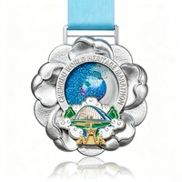 Médaille de Marathon Personnalisée en Forme de Fleur, Globe de Sable, Médaille de Finisseur Marathon Patrimoine Mondial, Récompense Métallique, Médaille Argentée avec Ruban