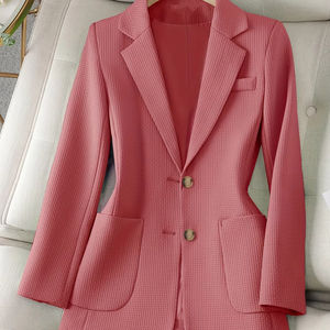 Blazer rose en velours élégant à simple boutonnage pour femme avec broderie, anti-plis, idéal pour le bureau ou les tenues décontractées - Product Image 1
