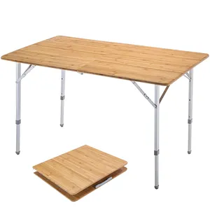 批发便宜的野营野餐桌防紫外线便携式可调腿竹金属折叠野营野餐桌