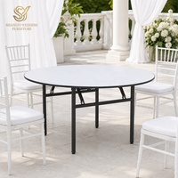 Table de banquet ronde pliable moderne en contreplaqué avec plateau en PVC blanc et structure métallique pour hôtels, mariages et événements extérieurs – 1,5 m et 1,8 m