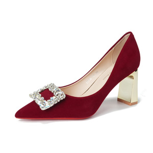 Elegantes Sandalias de Tacón Alto con Punta en Pico de Terciopelo Rojo con Hebilla de Diamantes de Imitación, Zapatos de Tacón Medio para Boda - Product Image 5