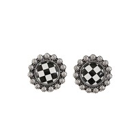 Boucles d'oreilles pendantes vintage gothiques victoriennes à motif étoilé et damier, en argent oxydé rétro, avec bordure florale et grille noir et blanc