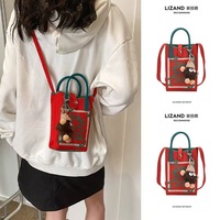 Tas Ponsel Rajut Wanita Bergaya Kartun, Lucu, Kancing Penutup, Tas Selempang, Tas Bahu Ringkas Portabel untuk Aktivitas Luar Ruangan