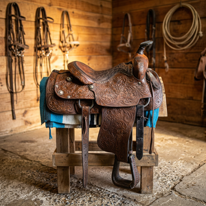Silla de montar inglesa para caballo de carreras, grabada a mano en madera con diseño de árbol, con cuero de vaca y buey, sostenible y duradera, con cabezada y mantas para caballo - Product Image 1