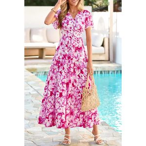Women Summer <b>Maxi</b> Dress Short Sleeve V Neck Floral Tiered Boho A-Line Flowy Breathable Casual Beach Outfit - Product Image 6