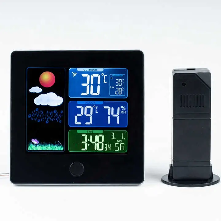 LCD-Kleurenscherm Weerstation Indoor Outdoor Draadloze Sensor Digitale Thermometer Hygrometer Met Wekker