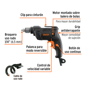 Truper Industrial 1/4 In Corded Drill 380W Variable Speed Keyless Chuck Woodworking <b>Tool</b> - Product Image 4