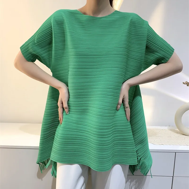 Ustom-Blusa corta plisada básica con borlas, camisa de color liso con cuello en V