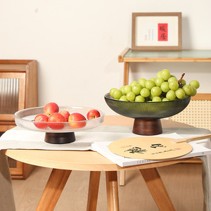 Piring Buah Kaca Berdiri Tinggi dengan Alas Kayu Solid Vintage Baru Gaya Cina untuk Ruang Tamu Rumah Tangga Meja Kopi Kelas Atas - Product Image 2